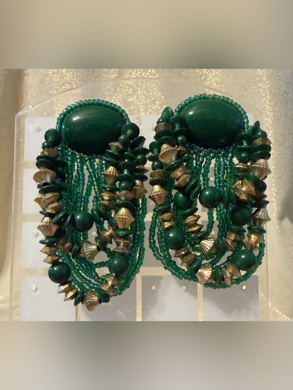 Vintage Green Beaded Fringe Statement Earrings - Unbranded